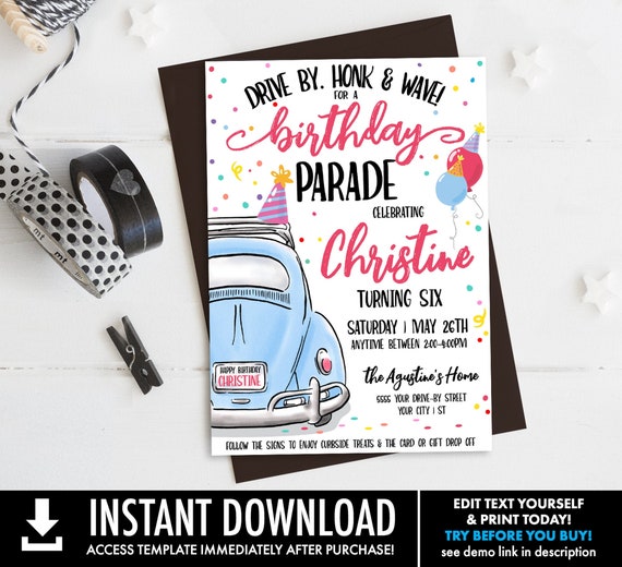 Drive By Birthday Invitation-Drive Through Parade,Quarantine,Social Distancing | Self-Edit with CORJL - INSTANT DOWNLOAD Printable Template Il_570xn