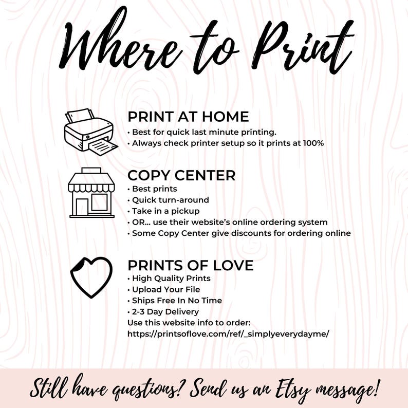 May include: A graphic with the text "Where to Print" and three options for printing: Print at Home, Copy Center, and Prints of Love. Each option has a corresponding icon and a list of bullet points describing the benefits of each option.