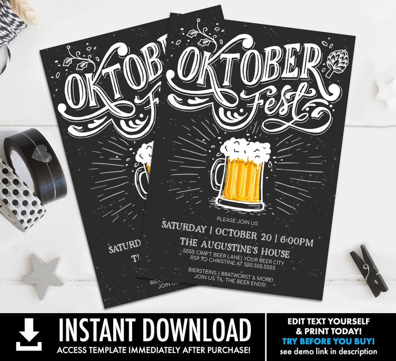 May include: Black and white chalkboard style invitation for an Oktoberfest party. The invitation features a stylized illustration of a beer stein with a yellow beer inside. The text on the invitation reads "Oktoberfest" and "The Augustine's House".