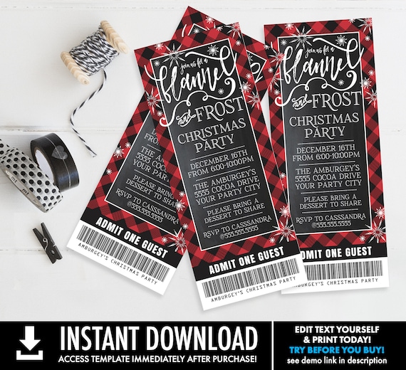 Flannel & Frost Party Ticket Invitation - Christmas, Holiday Buffalo Plaid Winter Party| Self-Edit with CORJL - INSTANT DOWNLOAD Printable