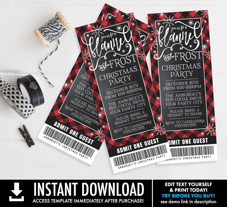 May include: Red and black plaid ticket-style invitation for a "Flannel and Frost Christmas Party" on December 16th from 6:00-10:00 PM. The party is at the Amburgey's, 5555 Cocoa Drive, and guests are asked to bring a dessert to share. RSVP to Cassandra at 555.555.5555.
