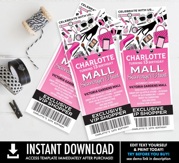Mall Scavenger Ticket Invitation, Birthday Party Ticket Invite | Self-Editing with CORJL - INSTANT DOWNLOAD Printable Template Il_570xn