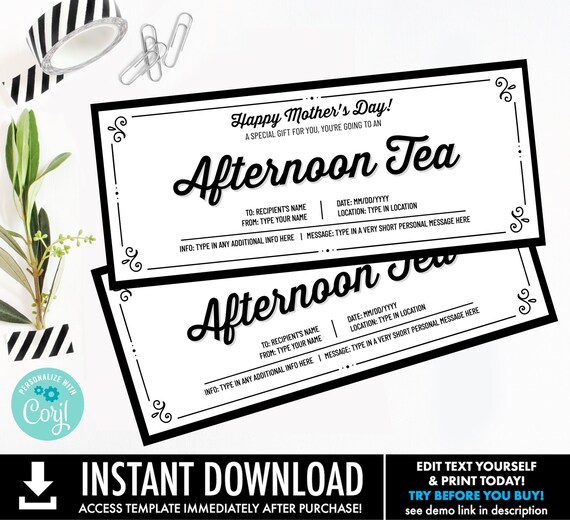 Mother's Day Afternoon Tea,Gift for Mom,Surprise Gift Reveal,Gift Certificate,Voucher | Personalize using CORJL–INSTANT DOWNLOAD Printable