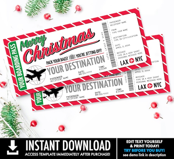 Christmas Boarding Pass Ticket - Surprise Trip Reveal, Flight, Holiday Fake Plane Ticket | Self-Edit with CORJL - INSTANT DOWNLOAD Printable