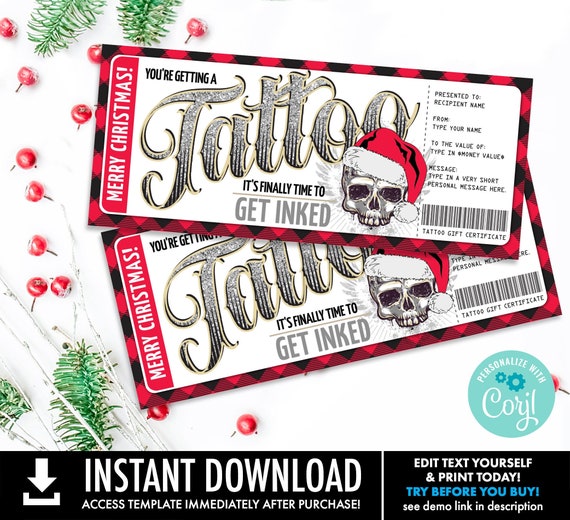 Christmas Tattoo Gift Certificate, Finally time to get inked Gift Voucher,Skull Santa | Self-Edit with CORJL-INSTANT DOWNLOAD Printable