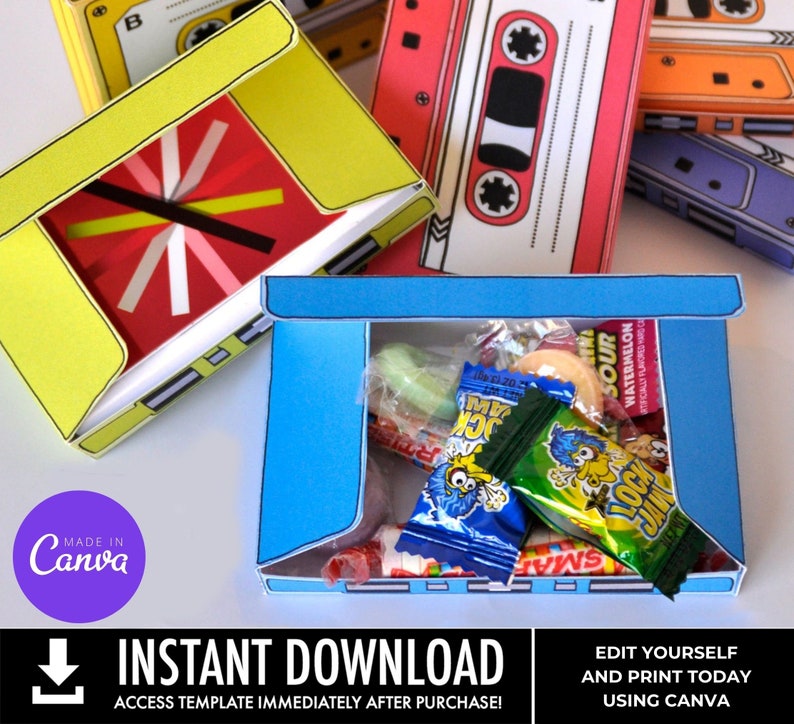 Cassette Tape Box 7 EDITABLE boxes, gift card holder, party favor boxes Personalize Text using CANVAInstant Download Printable Template image 5