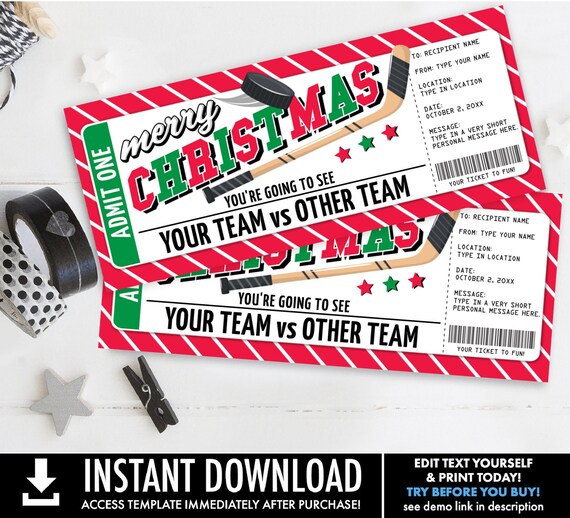 Hockey Ticket Voucher Christmas Gift - Surprise Game Ticket,Gift Voucher Certificate | Personalize with CORJL - INSTANT DOWNLOAD Printable