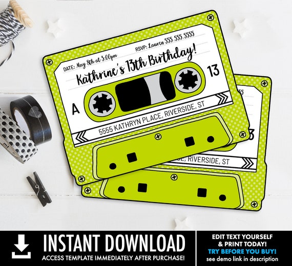 Cassette Tape Invitation - Retro Party,80's Party Invitation,Mixtape Invite,Green | Self-Edit with CORJL INSTANT DOWNLOAD Printable Template Il_570xn