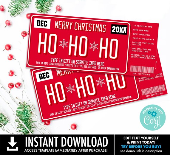 Christmas CAR Gift Certificate Surprise Ticket Voucher, Ho Ho Ho, Window Tint, Car Detail | Self-Edit with CORJL-INSTANT Download Printable