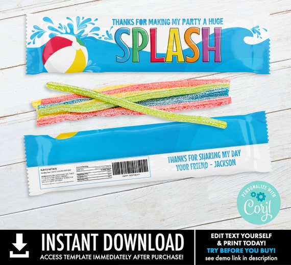 Pool Party Candy Straws Wrap, Candy Straw Label, Birthday Party Favors, Summer | You Personalize using CORJL - INSTANT DOWNLOAD Printable
