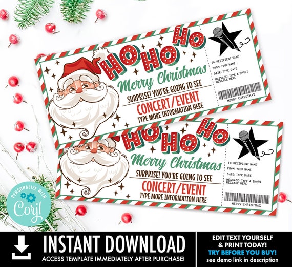 Christmas Concert Ticket Gift,Surprise Concert,Show,Performance,Artist,Gift Certificate | Self-Edit with CORJL - INSTANT DOWNLOAD Printable