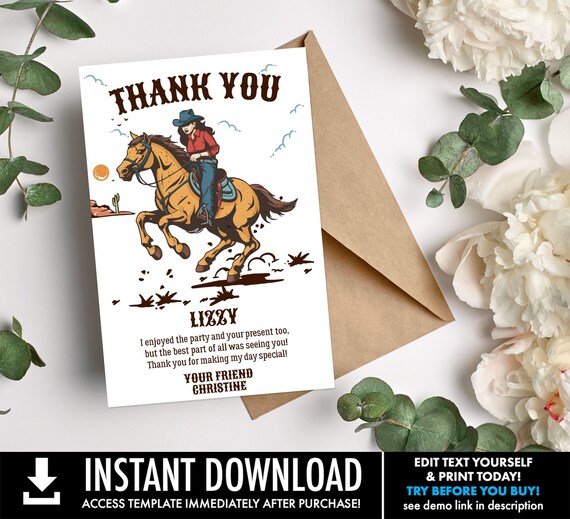 My First Rodeo Party Thank You Cards, Western Cowgirl Birthday Thank you Note Cards | Personalize using CORJL - INSTANT DOWNLOAD Printable