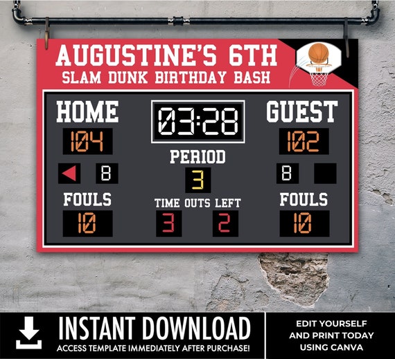 Basketball Scoreboard Printable 48"x36" Poster, Scoreboard Sign, Basketball Birthday | Edit Text using CANVA–INSTANT DOWNLOAD Printable