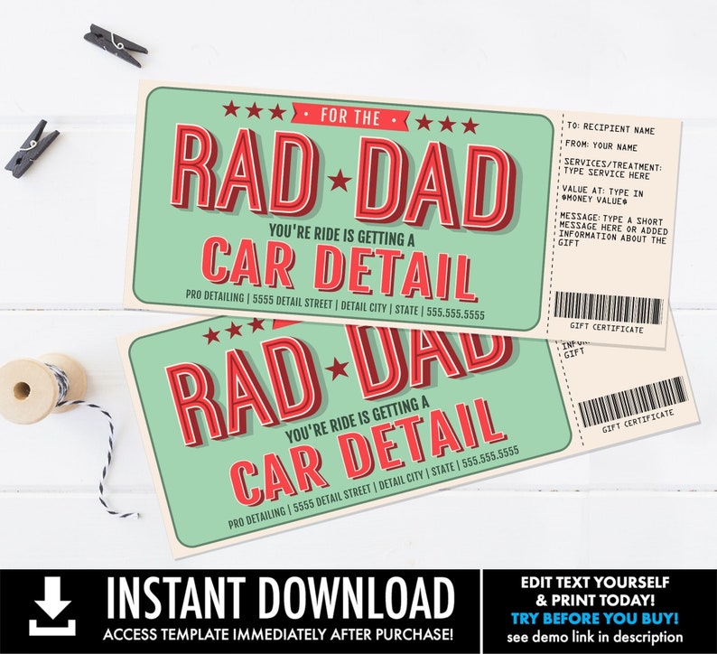 Father's Day Car Detail Gift Certificate, Rad Dad Car Detail Surprise ...