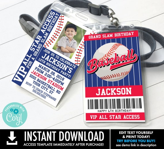 Baseball VIP Badge Invite, All Access Pass, Baseball All Star Badge Invitation | Self-Edit with CORJL - INSTANT Download Printable Template