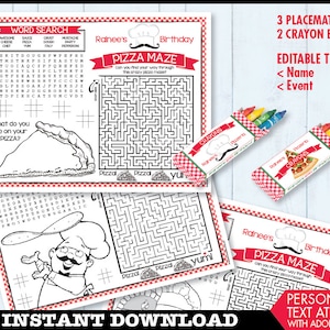 May include: Printable pizza-themed placemats with a word search, maze, and space for coloring. The placemats feature a red and white checkered pattern and the text "Rainee's Birthday Pizza Maze".