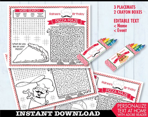 Pizza Party Placemat - Pizza Birthday Party, Activity Page, Crayon Box, Game Placemat - DIY Printable Kit INSTANT Download PDF