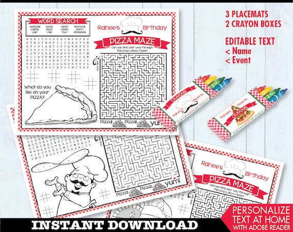 Pizza Party Placemat - Pizza Birthday Party, Activity Page, Crayon Box, Game Placemat - DIY Printable Kit INSTANT Download PDF