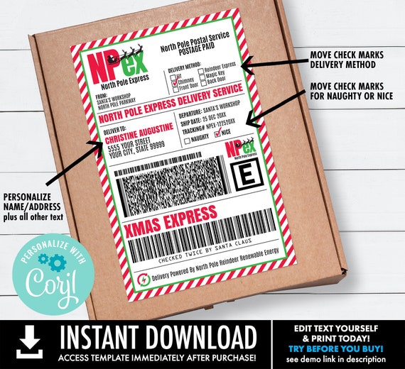 North Pole Shipping Label/Stickers-Santa's Postage Label,Christmas Delivery Santa Mail | Self-Edit with CORJL - INSTANT Download Printable