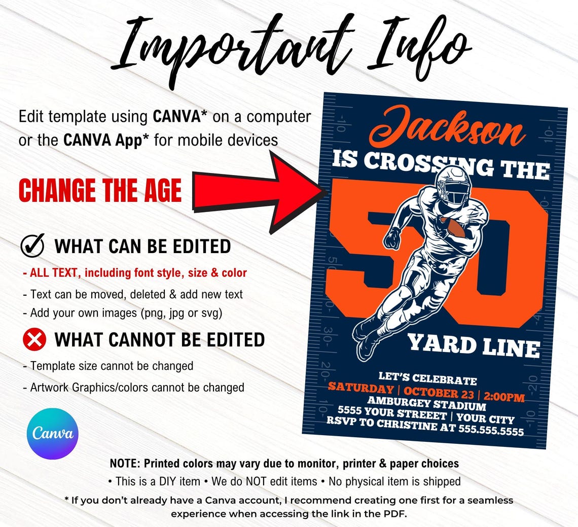 50th Football Party Invitation - Crossing the 50 Yard Line,50th ...