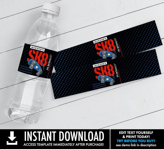 Skateboard Party Water Bottle Labels/Wrap - Skate Park Party, SK8 Party | Self-Edit with CORJL - INSTANT DOWNLOAD Printable