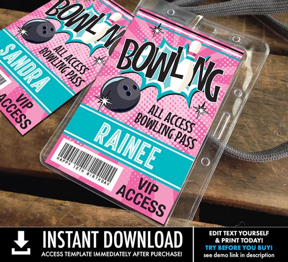 Bowling Party ID Badges - Bowling Bash, Bowling Birthday, All Access Badge | Self-Editing with CORJL - INSTANT Download Printable Il_570xn