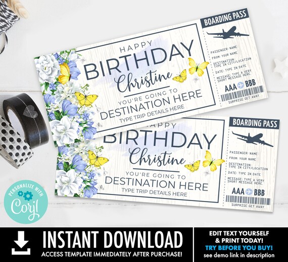 Birthday Boarding Pass Template - Surprise Fake Airline Ticket,Airplane Flight Destination | Edit with CORJL - INSTANT DOWNLOAD Printable