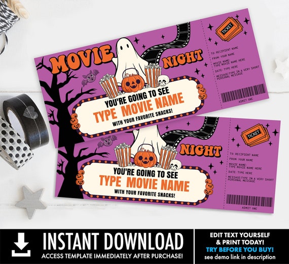 Halloween Movie Night Ticket, Gift Certificate, Movie Ticket, Surprise Ticket | Self-Edit with CORJL - INSTANT DOWNLOAD Printable