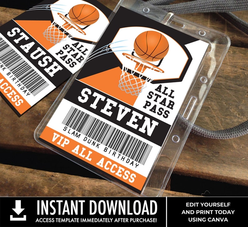 Basketball All Star ID Badge Basketball Party, Basketball VIP All Access Pass You Personalize using CANVAInstant Download Printable image 1