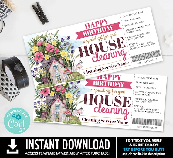 House Cleaning Birthday Gift Certificate,Maid Service,Flower, Garden, Gift Voucher | Personalize using CORJL-INSTANT DOWNLOAD Printable