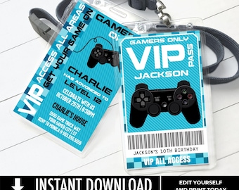 May include: Two rectangular VIP pass templates in clear plastic holders with dark gray lanyards. The light blue and white cards feature black game controller graphics, the text GAMERS ONLY VIP PASS, and personalized event details for Charlie and Jackson.