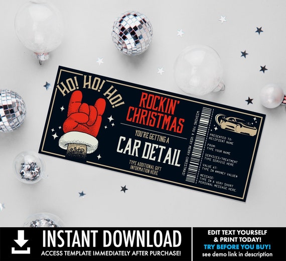 Santa Car Detailing Christmas Gift Certificate, Rockin Santa Car Detail Surprise Gift | Personalize using CORJL–INSTANT DOWNLOAD Printable