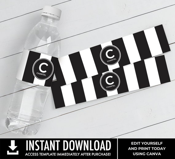 Couture Bridal Baby Shower Water Bottle Label/Wrapper, Black & White Stripe Shower Favor, Wedding Favor | Edit using CANVA–INSTANT DOWNLOAD