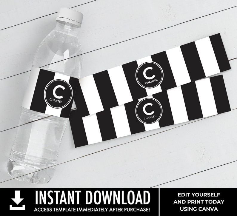 Couture Bridal Baby Shower Water Bottle Label/Wrapper, Black & White Stripe Shower Favor, Wedding Favor Edit using CANVAINSTANT DOWNLOAD image 1