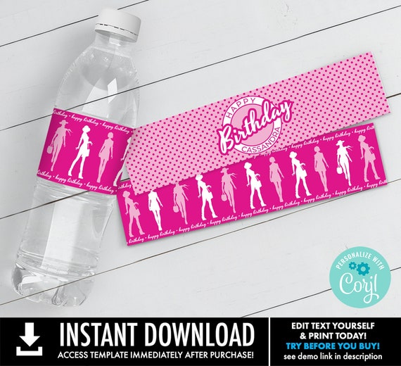 Barb Doll Themed Birthday Hot Pink Water Bottle Label, Drink Labels, Doll Drink Label | Personalize using CORJL–INSTANT DOWNLOAD Printable