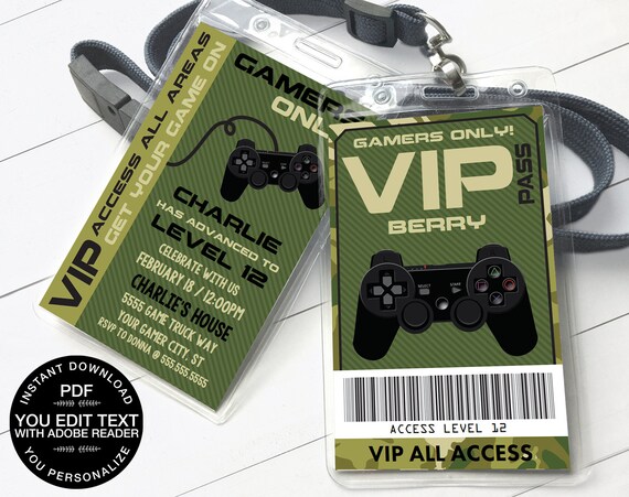 Video Gamer VIP ID Badge Invitation- 2-Sided Badge, Party Favor, Game Truck | Self-Edit Text Instant Download Printable Template Il_570xn