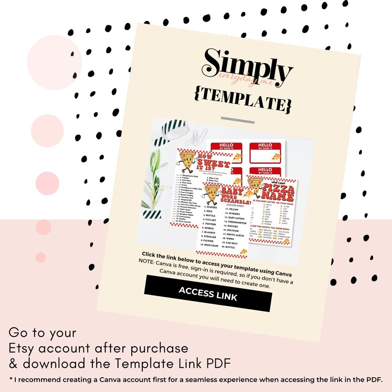 May include: A digital download for a printable pizza party game template. The template includes three different games: "How Sweet Is It?", "Baby Scramble!" and "What's Your Pizza Name?" The template is designed in a red, white, and black color scheme with a pizza theme.