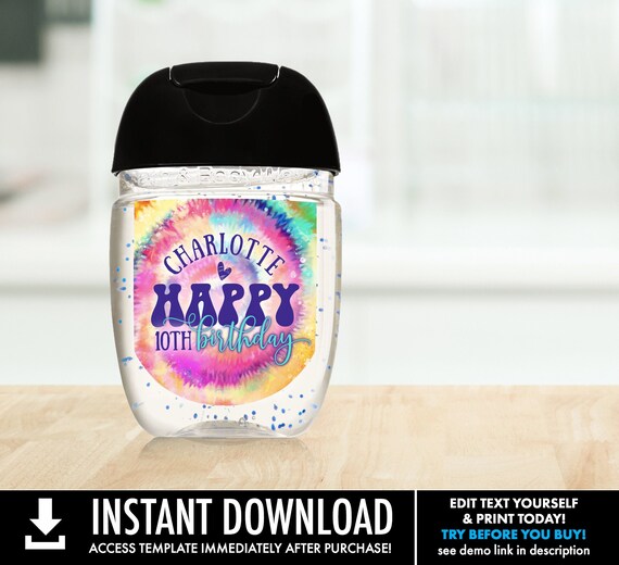 Tie Dye Hand Sanitizer Label - Printable Mini Hand Sanitizer Label, Hippie Party | Self-Edit with CORJL - INSTANT DOWNLOAD Printable Il_570xn