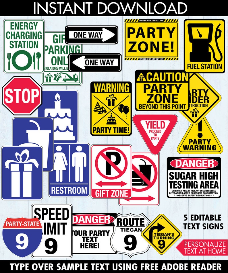 Puede incluir: Un conjunto de 15 carteles de fiesta imprimibles con tem&aacute;tica de carretera. Los carteles incluyen texto como "Zona de fiesta", "L&iacute;mite de velocidad", "Peligro", "Aseo", "Zona de regalos", "Gasolinera", "Advertencia de fiesta" y "&Aacute;rea de prueba de az&uacute;car alta".