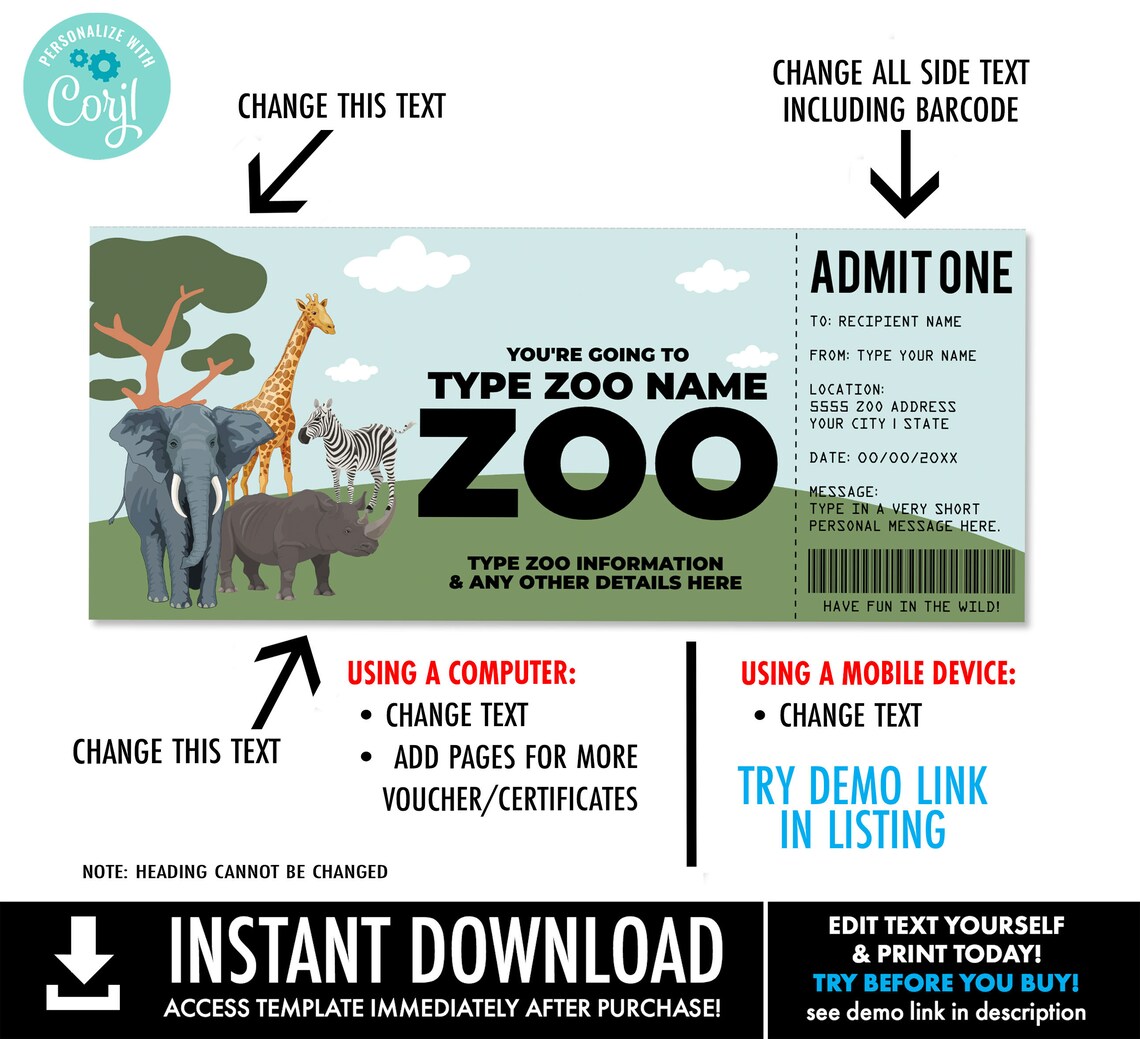 Zoo Gift Certificate Wild Animal Park Surprise Gift Voucher Etsy
