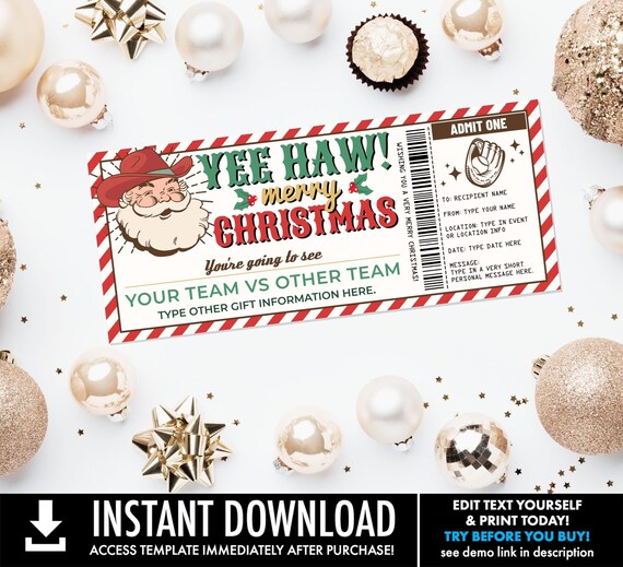 Western Santa Christmas Baseball Ticket Gift Certificate, Baseball Game Ticket Gift Voucher, Gift Card | Edit with CORJL-INSTANT DOWNLOAD