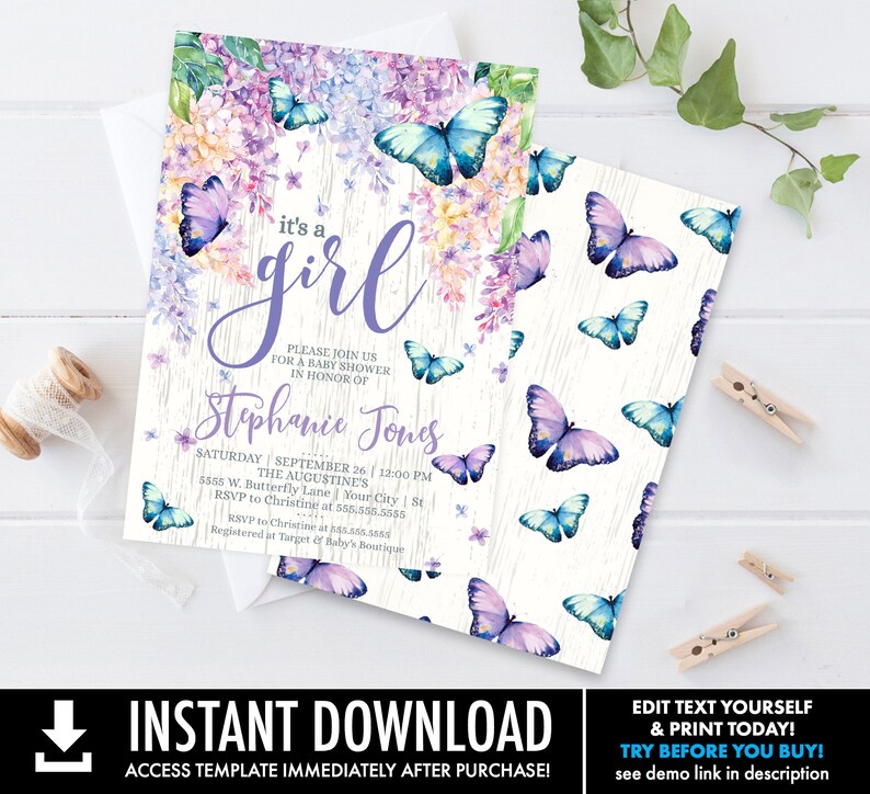 May include: Baby shower invitation with a floral and butterfly design. The invitation features the text "it's a girl" in a script font, along with event details. The background is a white wood texture. The invitation is accompanied by a matching patterned card.