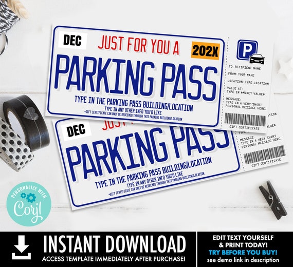 Parking Pass Gift Certificate,License Plate Surprise,Gift Certificate,Gift Voucher | Self-Edit with CORJL-INSTANT DOWNLOAD Printable