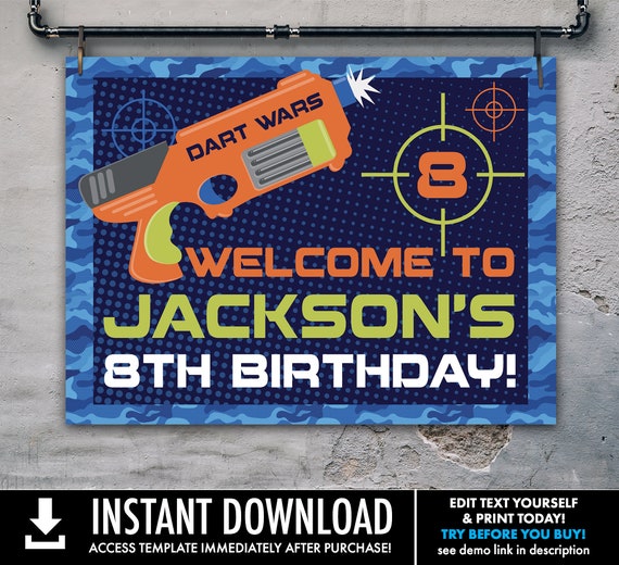 Dart Wars Welcome Party 18"x24" Sign, Dart Battle, Dart Gun, Target Party Sign | Self-Editing with CORJL - INSTANT DOWNLOAD Printable Il_570xn