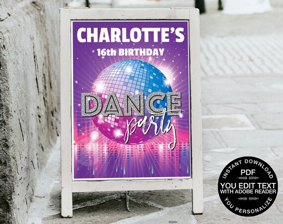 Dance Party 18x24 Sign/Poster Printable - Party Sign, Dance Birthday,Disco Party Sign | Self-Editing Text INSTANT Download DIY Printable PDF Il_570xn