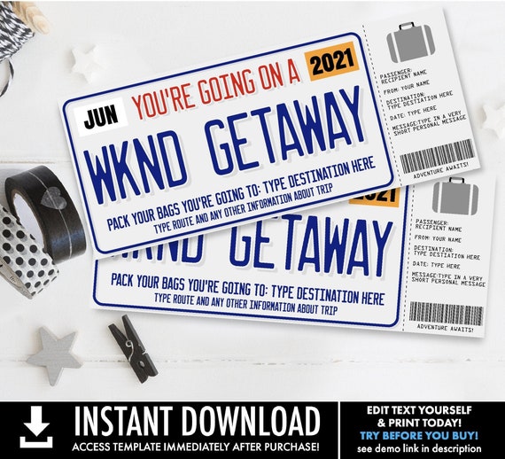 Weekend Getaway Surprise Gift Voucher, Road Trip, License Plate Voucher, Vacation | Self-Edit with CORJL - INSTANT DOWNLOAD Printable Il_570xn