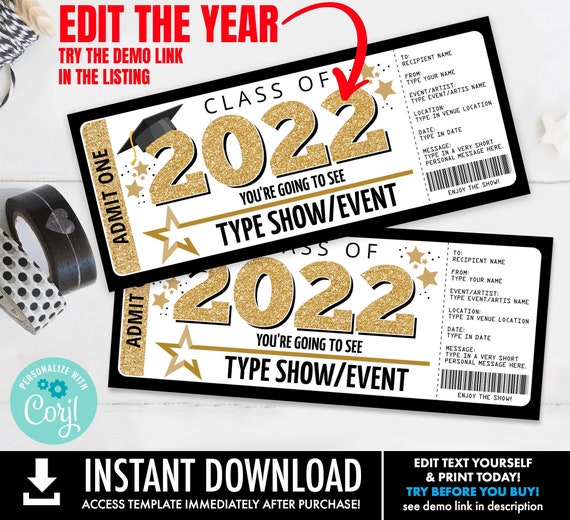 Graduation Concert/Event Editable Template - Surprise Ticket, Trip Gift, Fake Ticket | Personalize using CORJL - INSTANT DOWNLOAD Printable