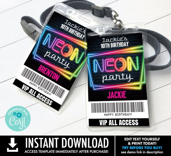 Neon Party VIP Badge, Neon Glow Theme, Glow Party All Access Pass | Self-Edit with CORJL - INSTANT Download Printable Template