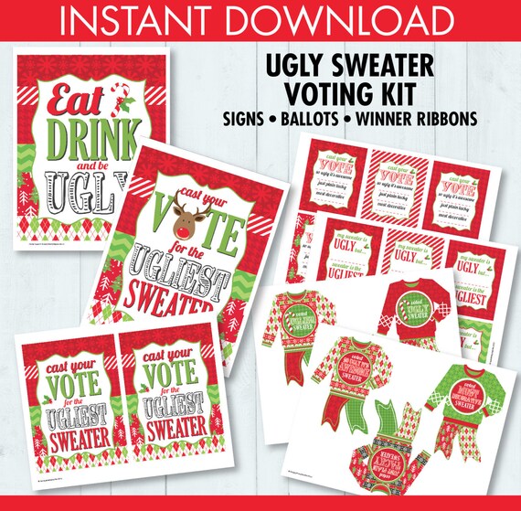 Ugly Sweater Party Voting Ballots - Award Ribbons - Christmas Office Party, Hostess Gift - Instant Download PDF Printable Kit