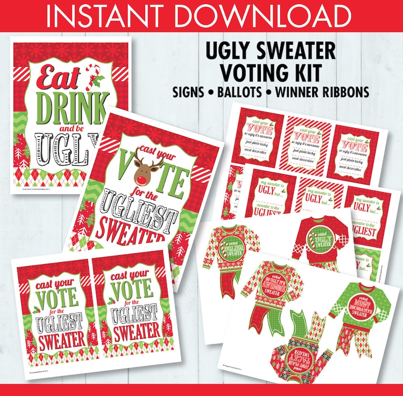 Ugly Sweater Party Voting Ballots Award Ribbons Christmas Office Party, Hostess Gift Instant Download PDF Printable Kit image 1